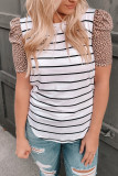 Leopard Ruffle Sleeve Striped T-shirt