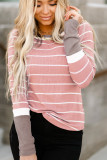 Pink Extend Color Block Cuffs Rib Knit Striped Pullover