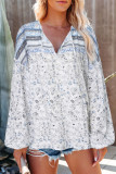 Sky Blue Floral Print Drawstring Loose Puff Sleeve Shirt