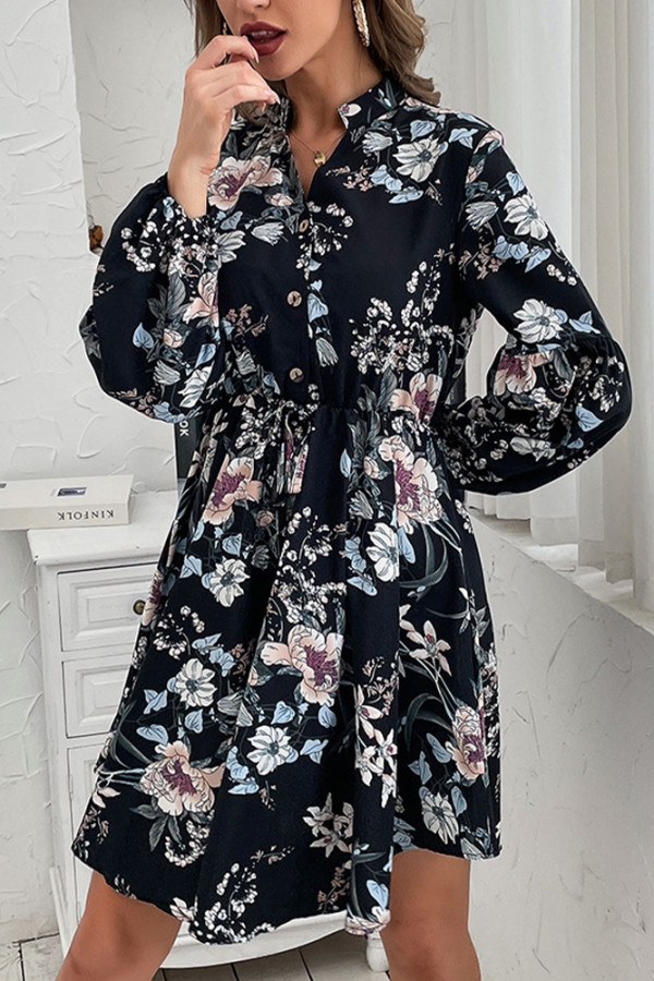 Button Down Bubble Sleeves Floral Dress