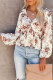 Beige V Neck Balloon Sleeve Twist Front Floral Blouse