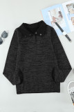 Black Heathered Turn-down Collar Pullover Sweatshirt