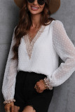 Swiss Dot Lace Crochet Deep V Neck Chiffon Blouse