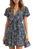 Blue Floral Print Tie Knot Ruffled Short Sleeve Mini Dress