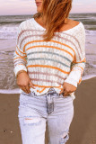Orange Striped Knitted V Neck Sweater