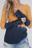 Khaki Tie Dye Color Block Button Cuff Long Sleeve Top