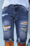 Blue Ripped Tassel Bermuda Jean Shorts