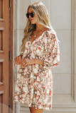 Apricot 3/4 Sleeves V Neck Print Tiered Flowy Short Dress