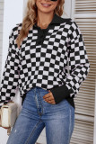 Plaid Checked Turndown Collar Button Sweater