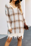V Neck Plaid Ripped Tassle Knitting Sweater Dress