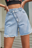 Plain Crossover Waist Mid Length Denim Shorts