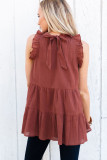 Brown Frilled Collar Sleeveless Knotted Tiered Flowy Tank