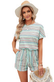 Green Striped Short Sleeve Romper