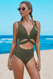 Green Twisted Ruched Hollow Out One-piece Swimwear