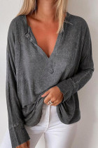 Gray Loose V Neck Long Sleeve Top