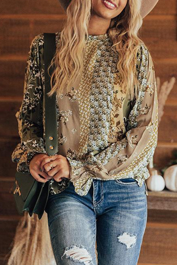 Floral Print Ruffle Cuff Long Sleeve Blouse