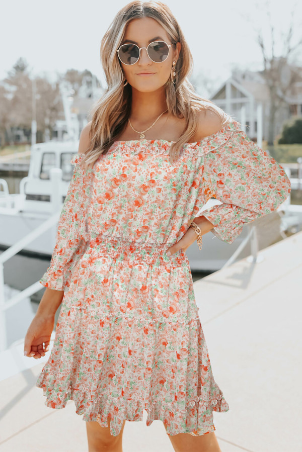 Multicolor Off The Shoulder Elastic Waist Ruffled Floral Dress
