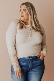 Apricot Lace Splicing Ribbed Long Sleeve Plus Size Top