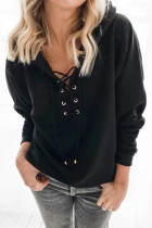 Black Casual Solid Color Lace-up Hoodie