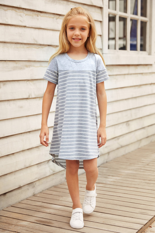 Gray Colorblock Patchwork Striped Girls’ Dress