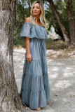 Sky Blue Off Shoulder Ruffle Swiss Dot Maxi Dress