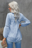 Blue Ruffled Split Neck Lace Hollow Out Puff Sleeve Polka Dot Blouse