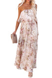 Beige Strapless Floral Print Maxi Dress