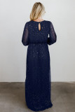 Blue Side Split Rhinestone V Neck Maxi Dress