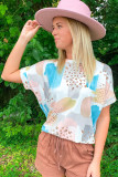 White Abstracted Paint Leopard Print Folded Sleeves T Shirt