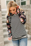 Black Striped Floral Print Long Sleeve Zipper Hoodie