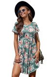 Green Floral Print Short Sleeve Pleated Mini Dress