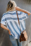 V Neck Stripes Roll up Sleeve Button Down Shirt