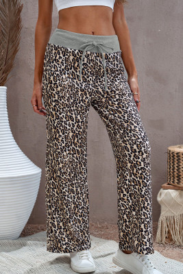 Leopard Print Drawstring Waist Wide Leg Pants
