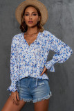 Blue Floral Print Tie V Neck Button Up Blouse