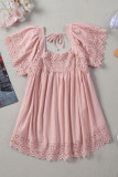Pink Lace Pom Pom Splicing Square Neck Blouse