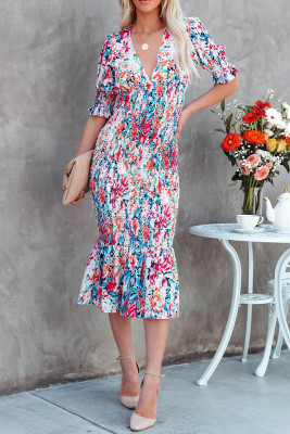 V Neck Smocked Pleated Slim Foral Dress