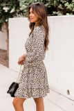 Leopard Print Bubble Sleeve Ruffled V Neck Mini Dress