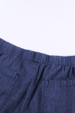 Dark Blue Casual Pocketed Frayed Denim Shorts