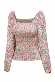 Apricot Square Neck Puff Sleeve Floral Smocked Top