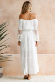 White Off Shoulder Embroidered Flared Sleeve Lace Maxi Dress