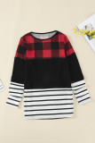 Red Plaid Splicing Striped Color Block Long Sleeve Top