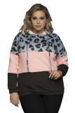Plus Size Leopard Colorblock Splicing Hoodie with Pocket