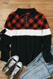 Red Plaid Color Block Zipper Turn Down Collar Long Sleeve Top