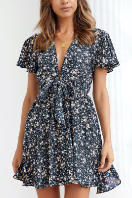 Blue Floral Print Tie Knot Ruffled Short Sleeve Mini Dress