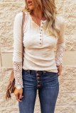 Beige Crochet Lace Hem Sleeve Button Top