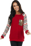 Red Christmas Print Sleeve Sequin Pocket RaglanTop