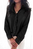 Black Solid Color Lace Frilled Trims Long Sleeve Shirt