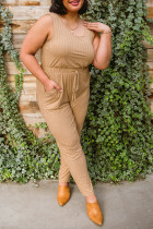 Apricot Ribbed Drawstring Waist Plus Size Sleeveless Jumpsuit