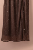 Brown Side Split Rhinestone V Neck Maxi Dress