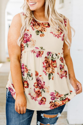 Beige Floral Print Plus Size Tank